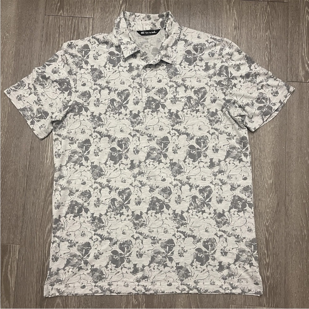 Travis Mathew Polo Shirt Mens Extra Large White Gray Floral All Over Print Golf